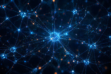 Obraz premium neural network visualization with glowing blue nodes and connections against dark background high quality professional detailed modern elegant stylish clean