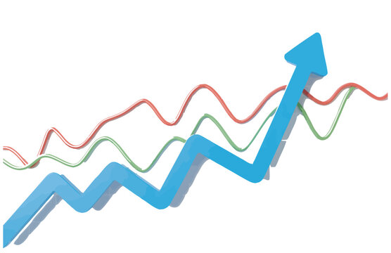 Blue arrow graph with red and green lines showing upward trend on white background