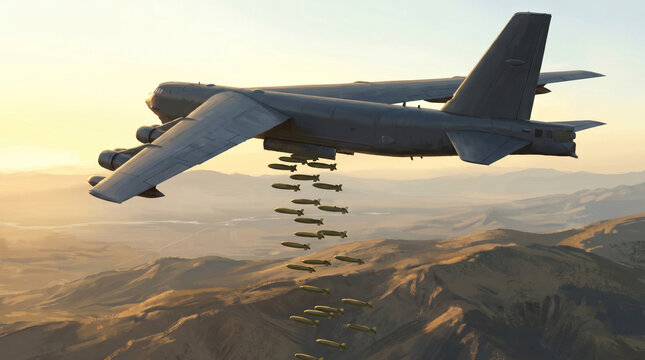 B52 Heavy bomber flying high while doing a carpet bombing run
