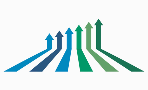 Seven multi-colored arrows in blue and green hues pointing upwards, representing diverse growth and progress.