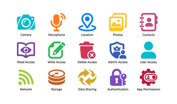 App permission and access icons arranged in grid on white background