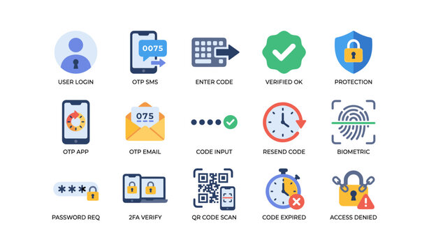 Authentication and otp icons arranged in grid on white background