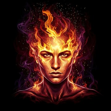 Fiery portrait of a woman with a blazing inferno crowning her head