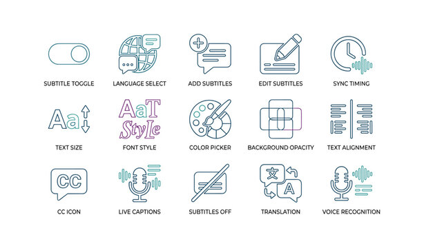 Subtitle and caption icons showing editing and timing controls