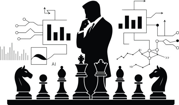 businessman, silhouette, chess, pieces, board, data, analysis, graphs, charts, ai, strategy, planning, business, finance, decision, maki Businessman standing with chess pieces and data analysis graphs