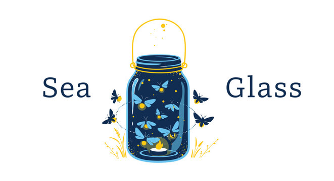 Sea glass, jar, lantern, illustration, vector, blue, yellow, insects, bugs