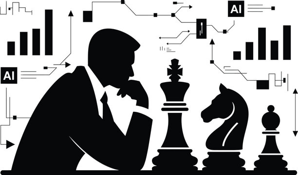 chess, businessman, silhouette, ai, data analysis, graphs, charts, strategy, planning, thinking, king, knight, pawn, black, white, bac Silhouette of businessman playing chess with ai and data analysis