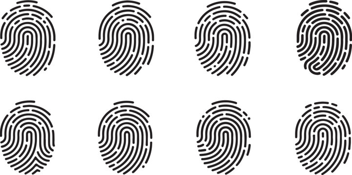 Collection of black fingerprint patterns in various shapes including a heart and stars on a white background