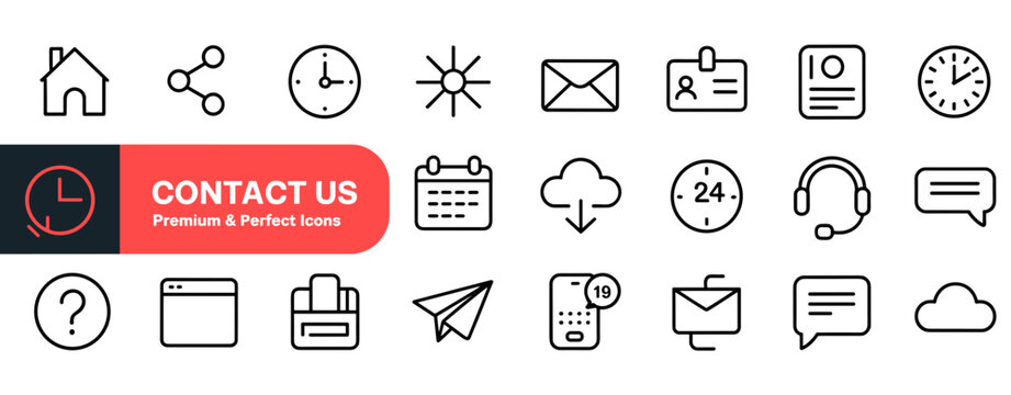Contact and Communication Icons Set &ndash; Minimal Line Support, UI and Web Symbols Collection