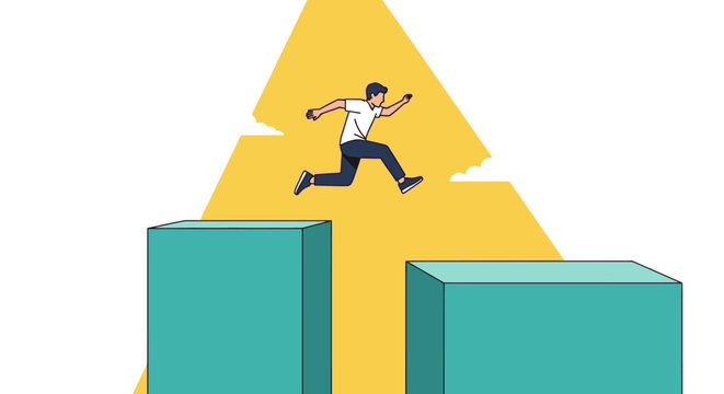 Man jumping over gap between two blocks, symbolizing overcoming challenges and achieving goals