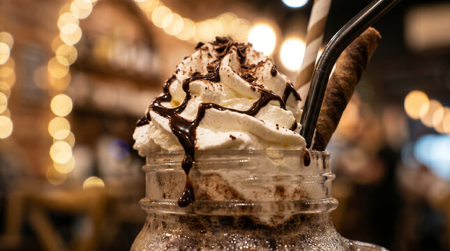 Delicious chocolate frappes with whipped cream and chocolate curls