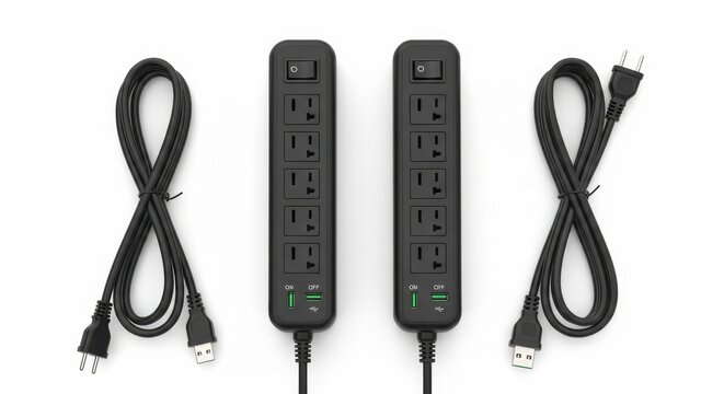Black power strip with USB cables in minimalist modern setup for electronics organization