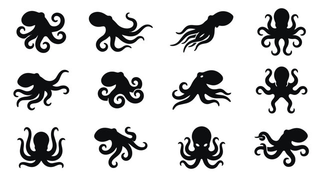 Collection of various octopus silhouettes in different poses.