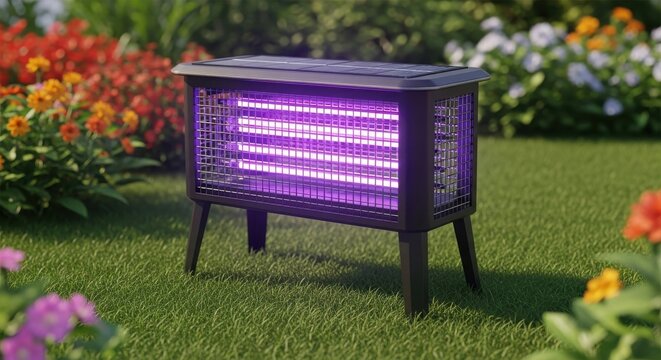 Outdoor bug zapper in garden with purple UV light on black metal frame for pest control