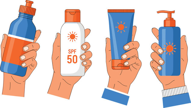 Hands holding sunscreen bottles collection with SPF sun protection skincare products vector illustration set