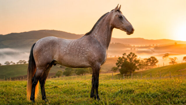Cavalo mangalarga em pasto de montanha ao amanhecer