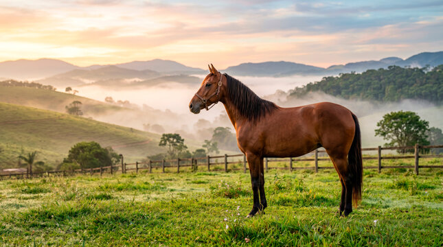 Cavalo mangalarga em pasto de montanha ao amanhecer