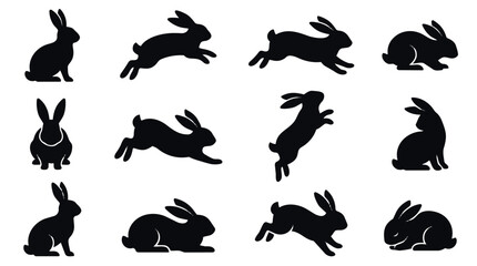 Obraz premium Collection of black rabbit silhouettes in various poses.