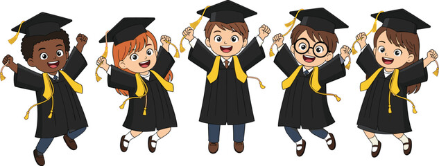 Happy children graduation characters jumping in caps and gowns cartoon vector illustration set