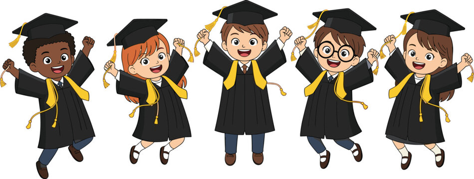 Happy children graduation characters jumping in caps and gowns cartoon vector illustration set