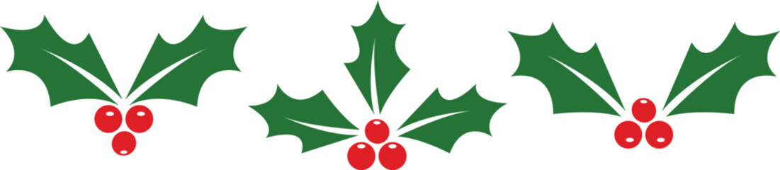 Collection of three stylized holly leaf and berry icons festive winter holiday symbols for Christmas design isolated on white background © MouzanFaraz