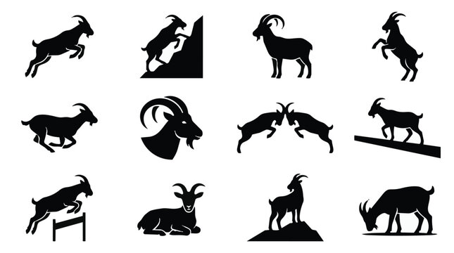 Collection of various goat silhouettes in different poses and actions.