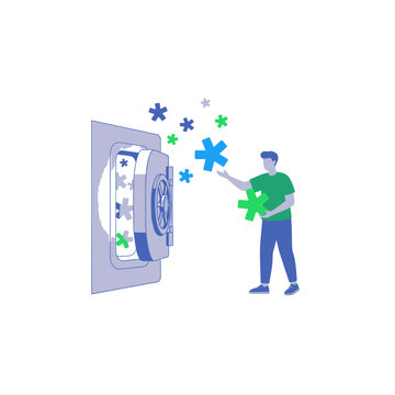 Cybersecurity Worker Storing Password Asterisks Inside Secure Digital Vault