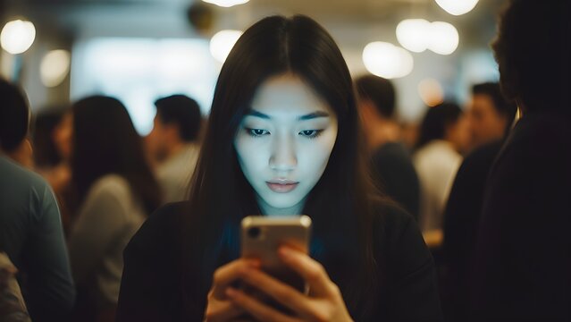Young Asian woman focused on smartphone in a crowded public place, digital isolation in urban city life, blurred people in background, modern technology addiction, solitude in a crowd, cinematic lifes