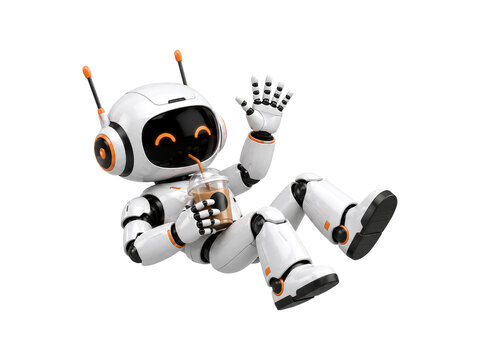Cute 3D white robot character floating and drinking coffee or boba tea with straw, waving hand, Fun futuristic android resting and relaxing.