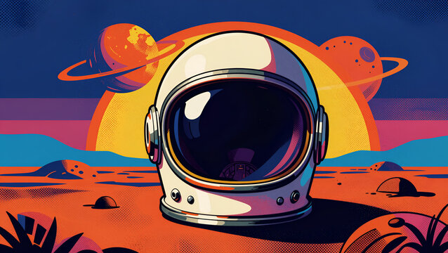 A bold, retro space helmet rests on an alien landscape with stylised planets and abstract terrain, evoking a strong sense of nostalgia.