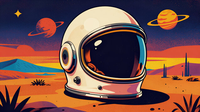 Retro space helmet sits atop an alien landscape with stylized planets and abstract terrain in a bold, graphic poster style.
