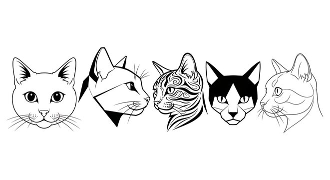Five stylized feline head illustrations, ranging from simple outlines to intricate patterns