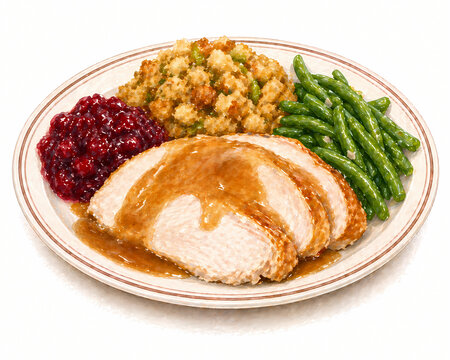 Roast Turkey Dinner Plate with Stuffing Cranberry Sauce and Green Beans Watercolor Clipart