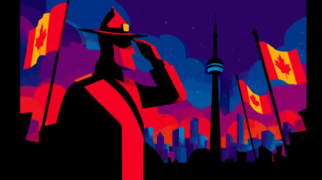 Bold Canada Day vector poster featuring saluting mountie silhouette, waving flags, and Toronto skyline in vibrant graphic style