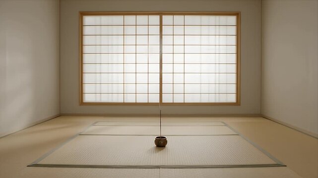 A Minimalist Japanese Zen Room Featuring Traditional Tatami Mats and Shoji Screens with a Thin Plume of Fragrant Smoke Rising from a Small Incense Burner.