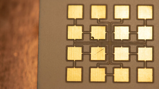 Gold Microstrip Patch Antenna Grid on Tan Ceramic &ndash; Phased Array Macro &ndash; Space Solar Transmitter &ndash; Hard Technical Overhead Light