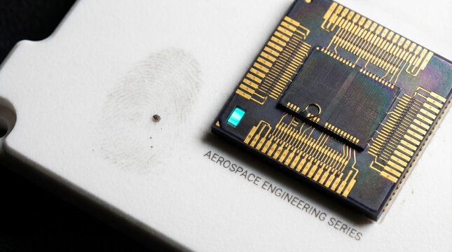 Gallium Nitride GaN Amplifier on White Ceramic &ndash; Solid-State Transmitter &ndash; Space Solar Macro &ndash; Cinematic-Technical High Contrast