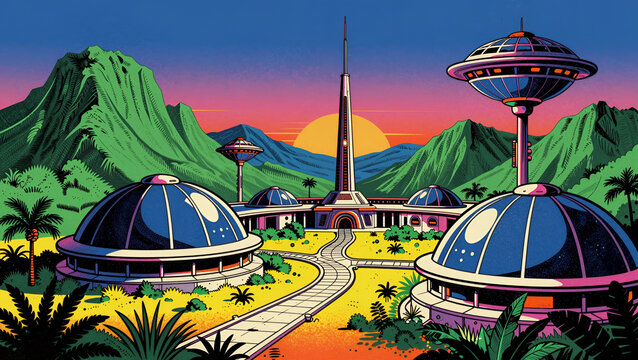 Retro-futuristic space colony settlement under verdant mountains, boasting domed structures and vibrant pop art influences.