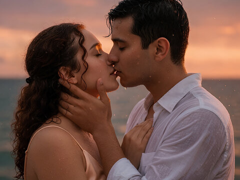 Romantic young couple kissing on a beach at sunset in the rain
