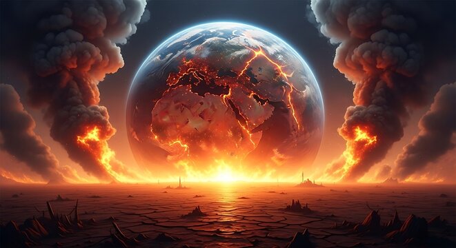 Fiery Earth engulfed by flames and smoke, a catastrophic global disaster
