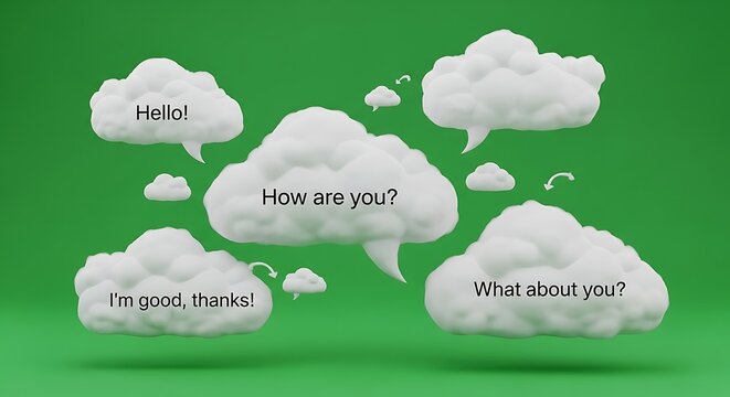 Five white cloud-shaped speech bubbles with conversation text against green background