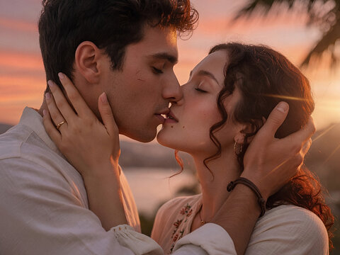 Romantic young couple kissing at sunset outdoors
