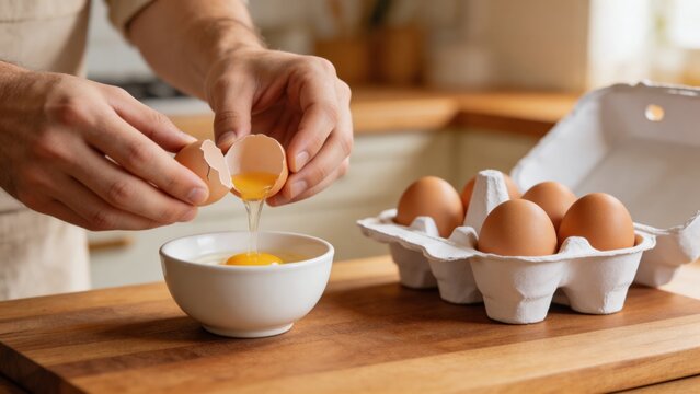 A person is preparing breakfast in a kitchen by cracking an egg into a bowl, with a carton of eggs on the counter.