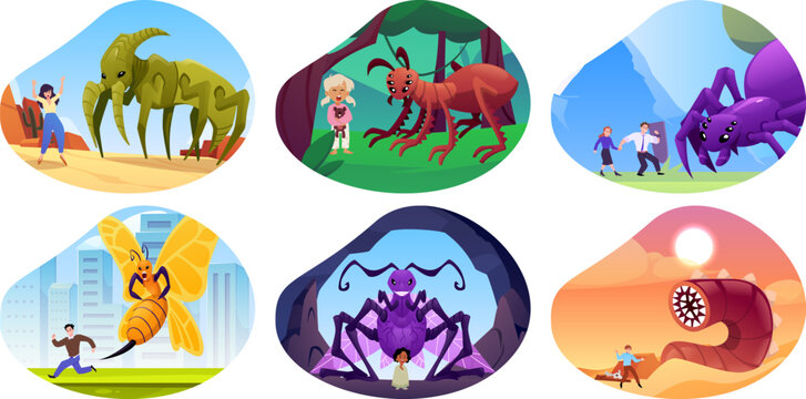 Insect monster scares people on nature or city scape, scary spider, beetle, bee, ant moth and worm attacks vector set
