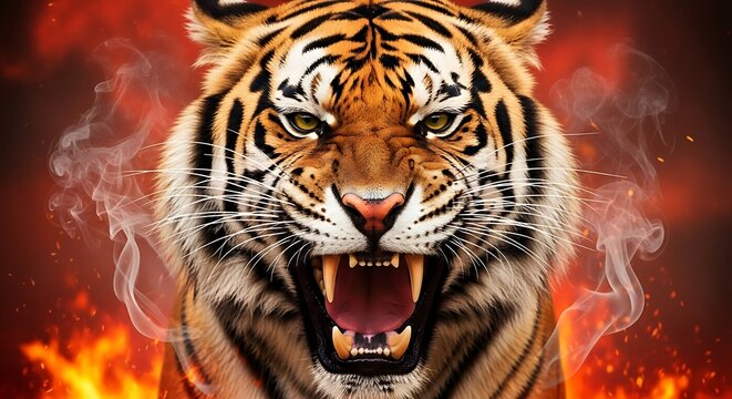 Fierce tiger with bared teeth, surrounded by fiery flames and smoke