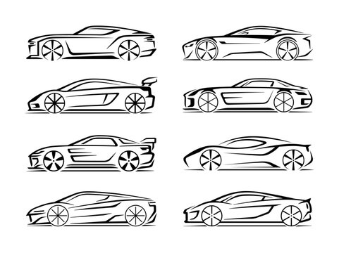 Set of modern vector sports car silhouettes, Sleek sports car outlined contours isolated on white background. Can be used for automotive themed branding, car shops, detailing studios, auto services.