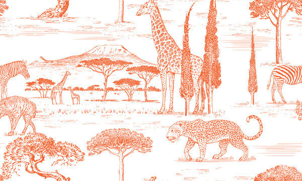 African Toile de Jouy seamless pattern with safari and Kilimanjaro. Savanna animals giraffe, leopard, antelope and zebras. Hyena and trees. perfect for textile , hand drawn luxury drawing
