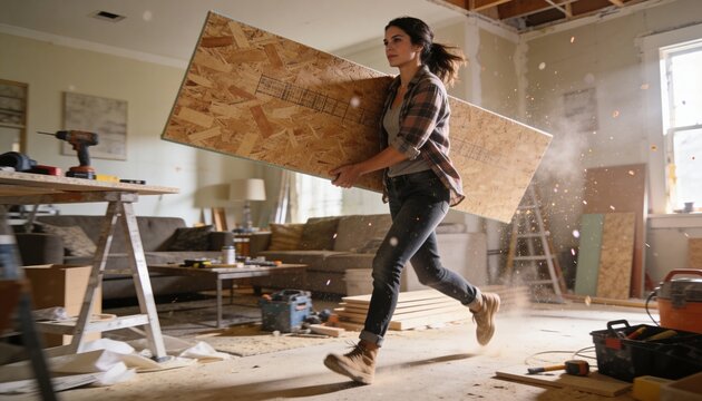 Female carrying large OSB panel, moving briskly through living room with cordless drill nearby