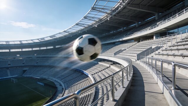 Rolling black-and-white soccer ball traveling across stadium bowl, showing handrails and goal