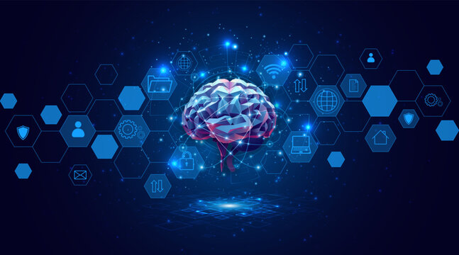 Futuristic low-poly human brain surrounded by digital technology icons. Concept of Artificial Intelligence, neural networks, and global data connectivity.